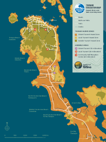 A map of Tofino indicating the safer zones