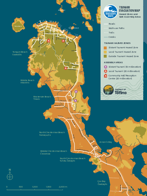 A map of Tofino indicating the safer zones