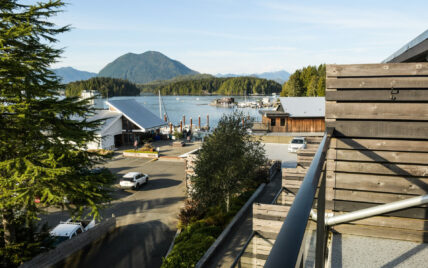 Sweeping view of Tofino’s harbour and marina from the private balcony