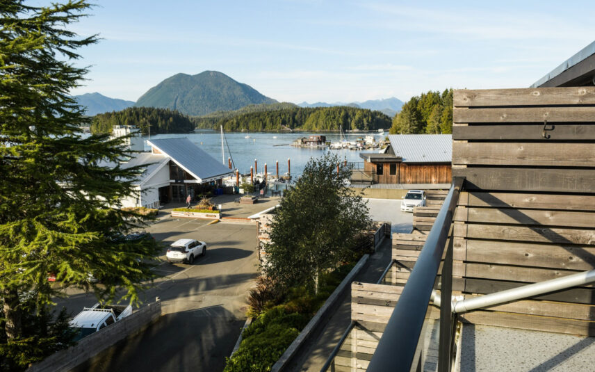 Sweeping view of Tofino’s harbour and marina from the private balcony