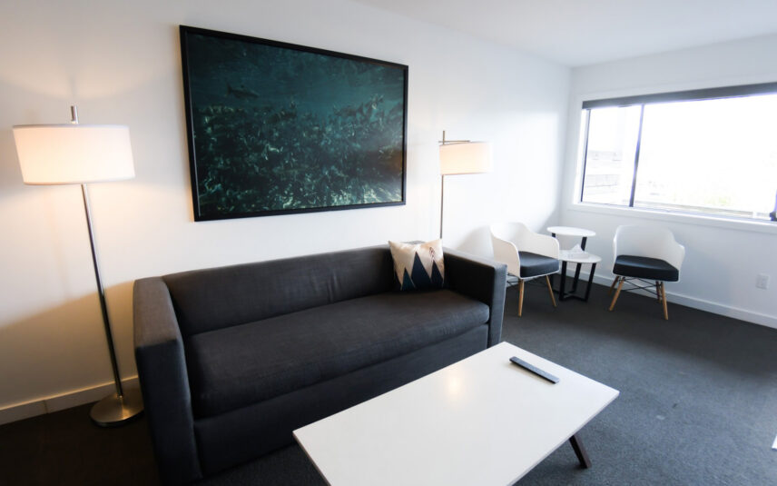 Pull-out couch in a king suite with throw pillow and natural lighting