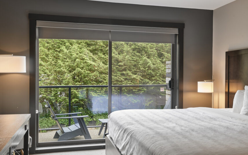 Balcony view from king room overlooking lush green forest