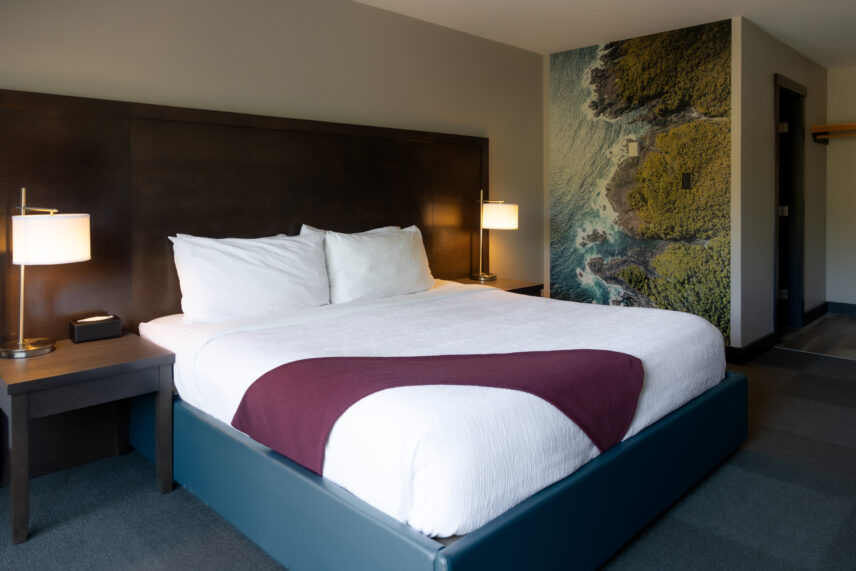 Deluxe room featuring soft lighting and west coast landscape artwork