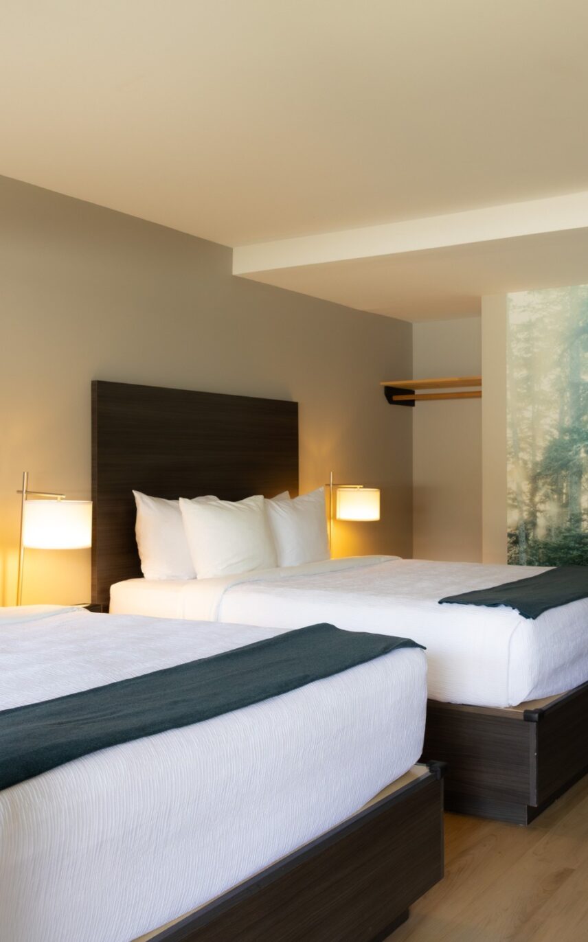 Spacious hotel room with two queen beds and Tofino Resort + Marina forest photography piece