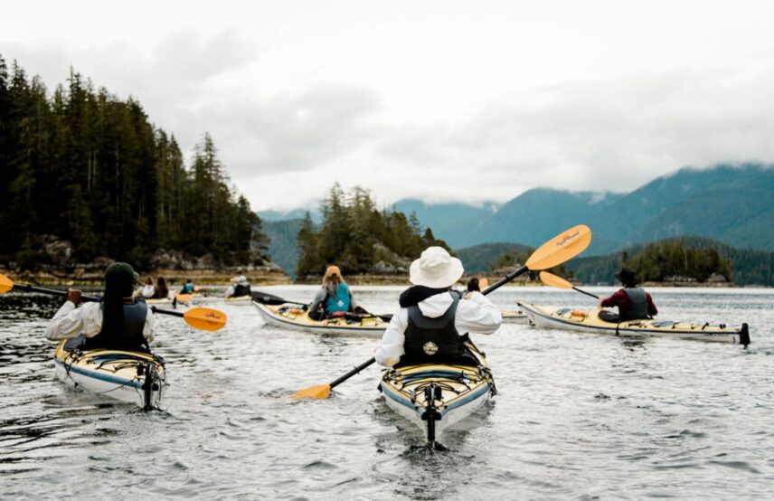 Kayakers paddling through calm waters with scenic views of Tofino’s lush coastline