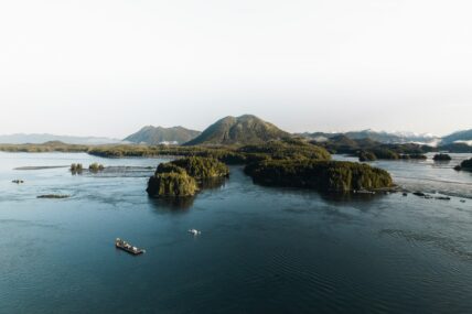 A drone shot of Clayoquot Sound showcasing forested coastlines and ocean channels