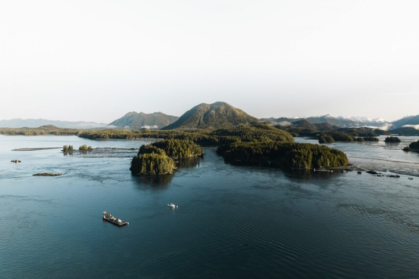 A drone shot of Clayoquot Sound showcasing forested coastlines and ocean channels