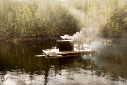 Steam coming out of Tofino's Remote Floating Sauna and Dock on the ocean