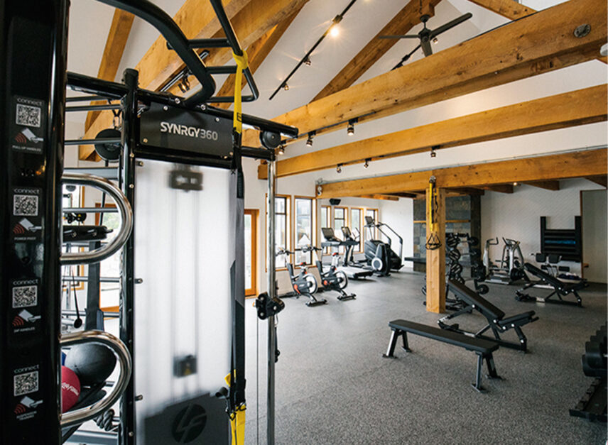 Overview of the gym space with weights, equipment, and natural light