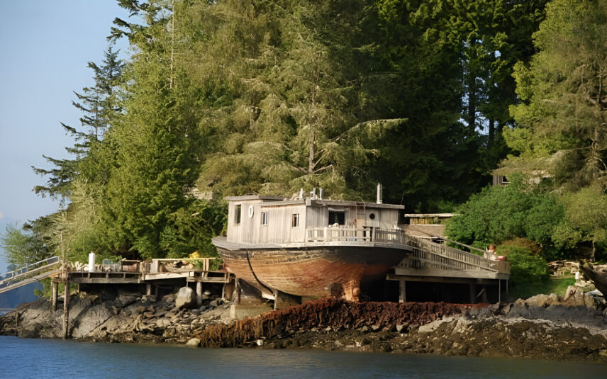 Photo of the historic NorVan ferry sitting on Strawberry Island in Tofino