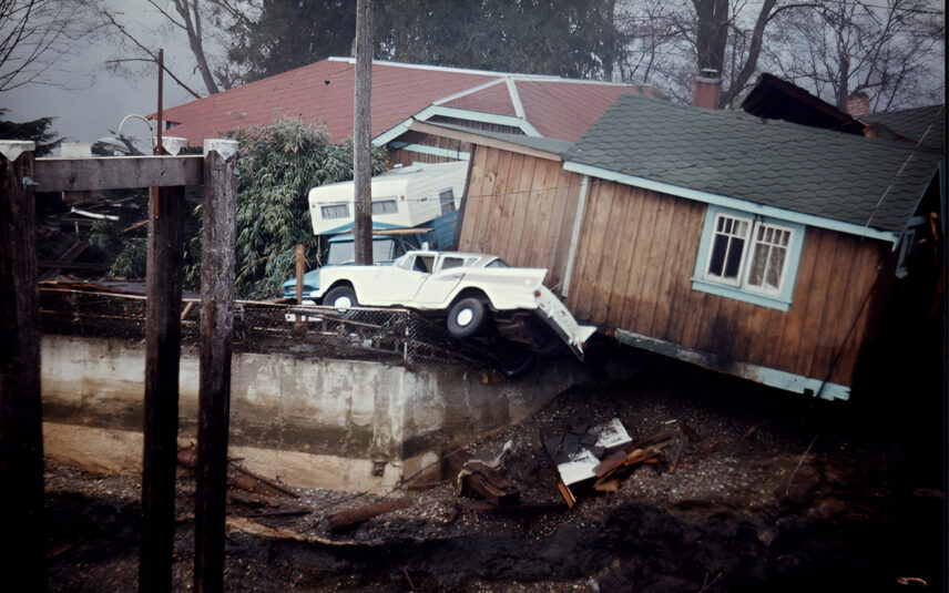 Historic photo of wrecked houses in Port Alberni after a tsunami