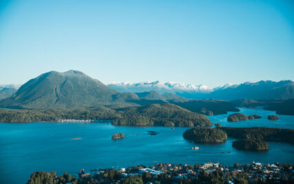 Aerial view of Clayoquot Sound’s pristine coastal rainforest and ocean inlets