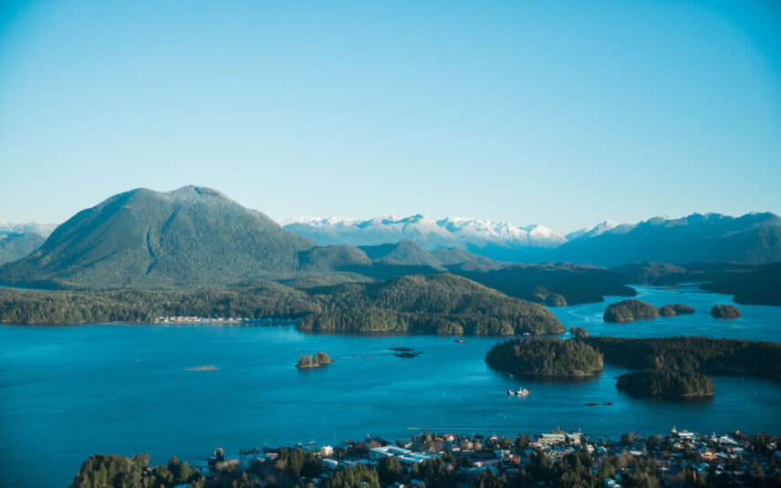 Aerial view of Clayoquot Sound’s pristine coastal rainforest and ocean inlets