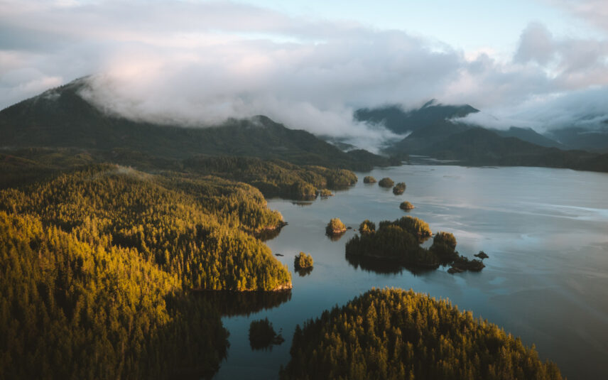 Aerial view of Clayoquot Sound’s pristine waters and forested islets in Tofino, BC
