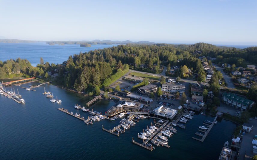 Aerial view of Tofino Resort + Marina, showcasing the full property, harbour, and mountain backdrop
