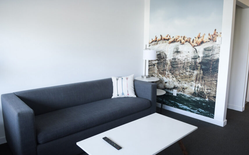 Pull-out couch in king suite beneath west coast forest artwork