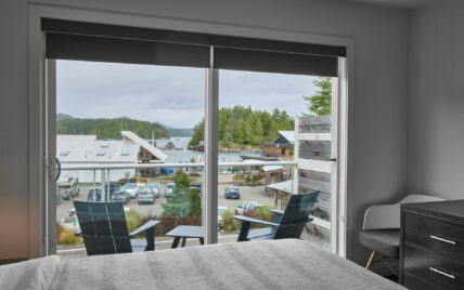 Panoramic view of Tofino harbour and marina from suite window