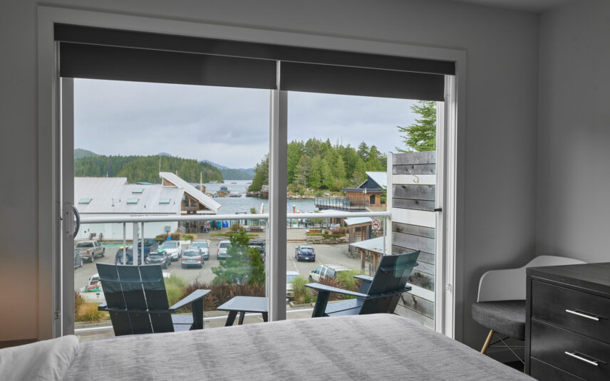 Panoramic view of Tofino harbour and marina from suite window