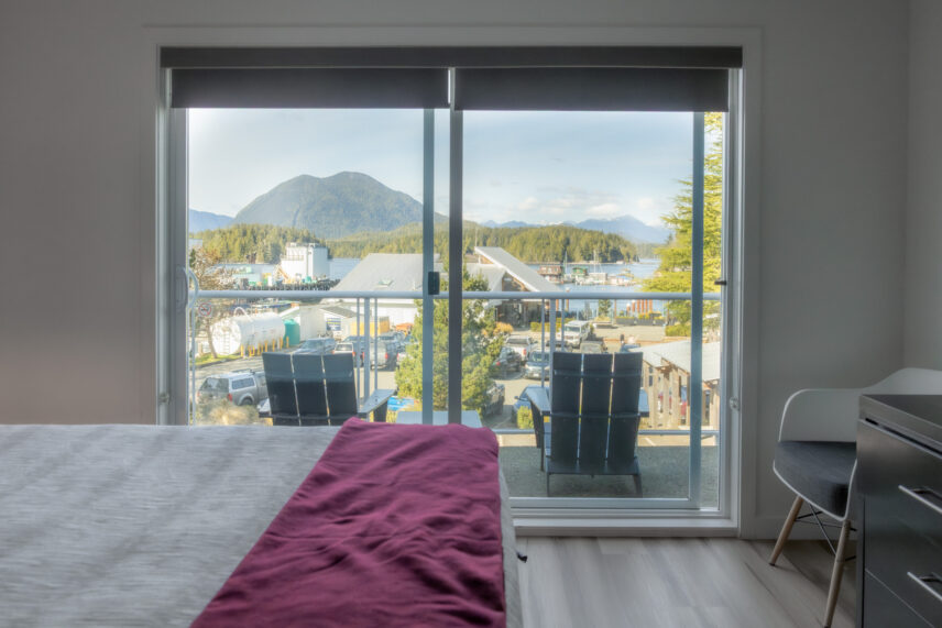 Tofino modern yet coastal hotel room view of the Tofino Inlet