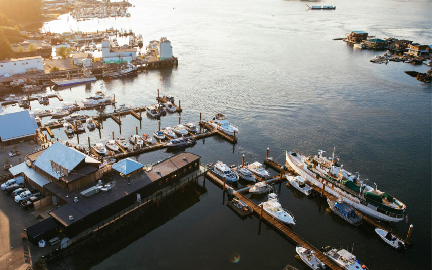 Aerial view of Tofino Resort + Marina with boats docked and mountains in the distance