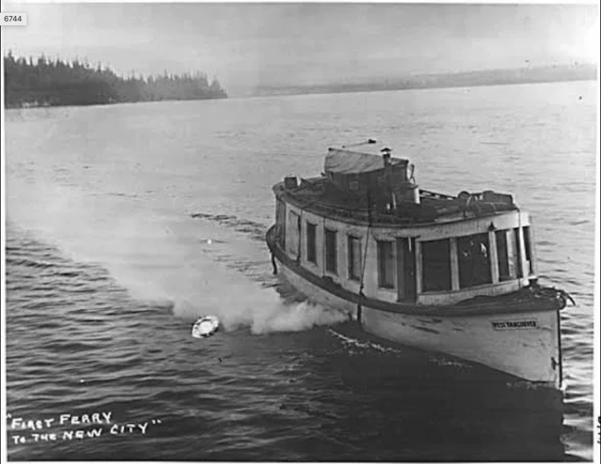 Archival black and white photo of the NorVan ferry operating