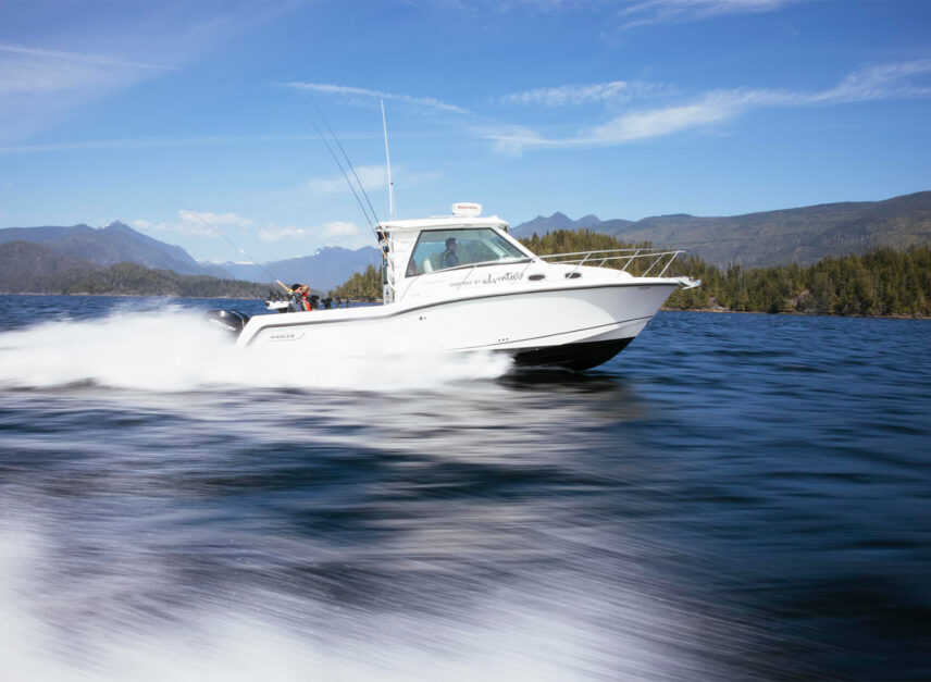 Blue Line boat cruising with a strong wake trailing behind