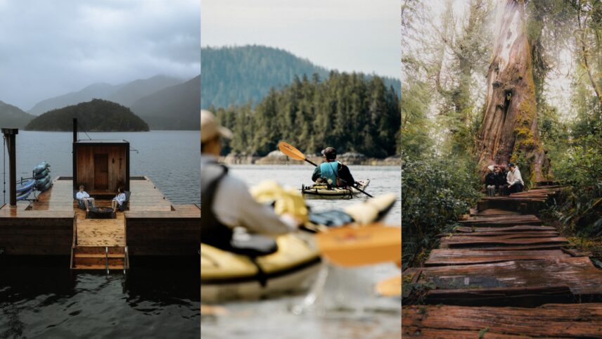 Three panel of images of the remote floating sauna, kayaking and the Big Tree Trail boardwalk