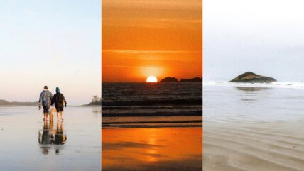 Three panels featuring a couple walking on the beach, a sunset, and Long beach's Lovekin Rock