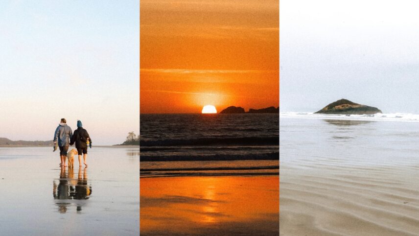 Three panels featuring a couple walking on the beach, a sunset, and Long beach's Lovekin Rock