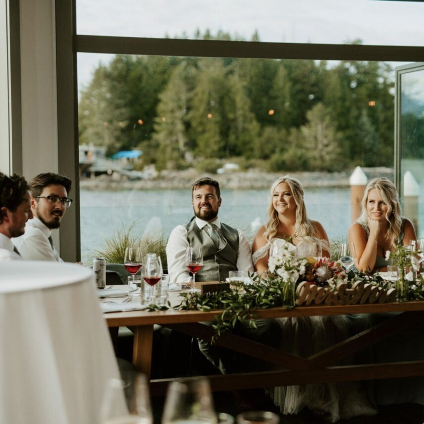 Bride and groom celebrating with friends during a Tofino wedding hosted at Shelter Restaurant