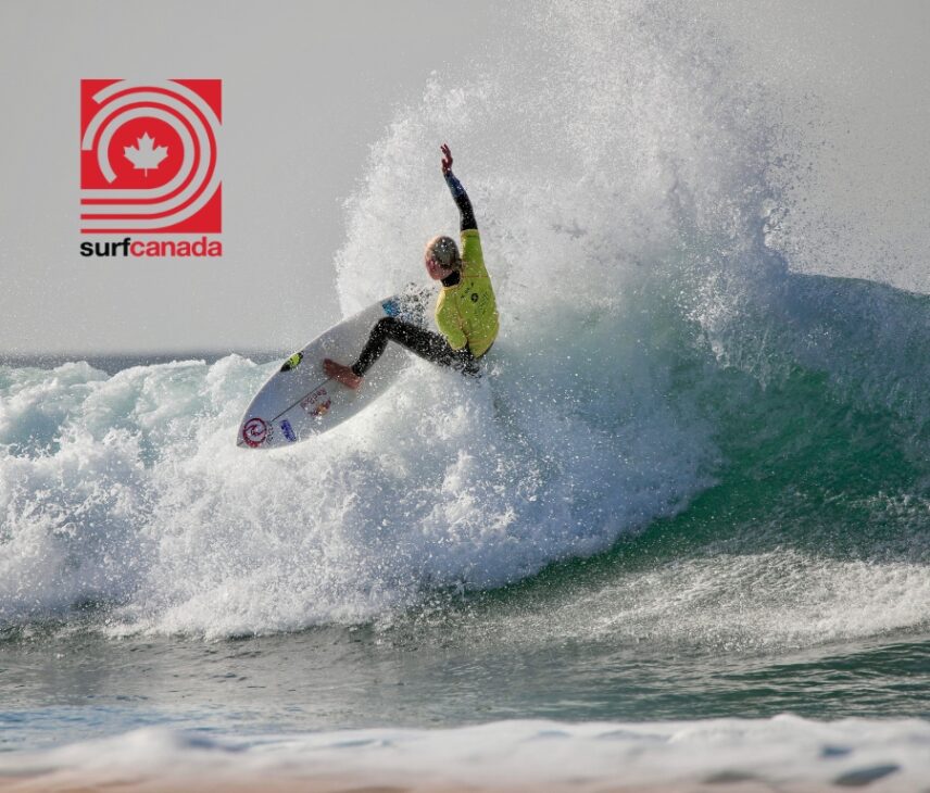 A surfer executing a smooth turn on a wave, with the Rip Curl Canada logo prominently displayed