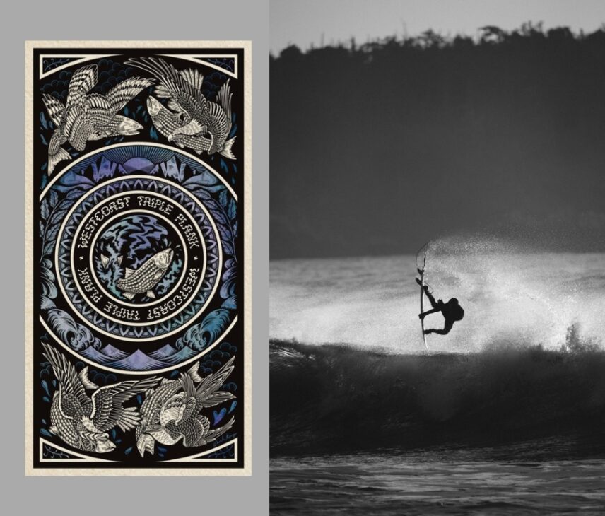 A surfer launches into the air mid-trick with the West Coast Triple Plank banner flying in the background