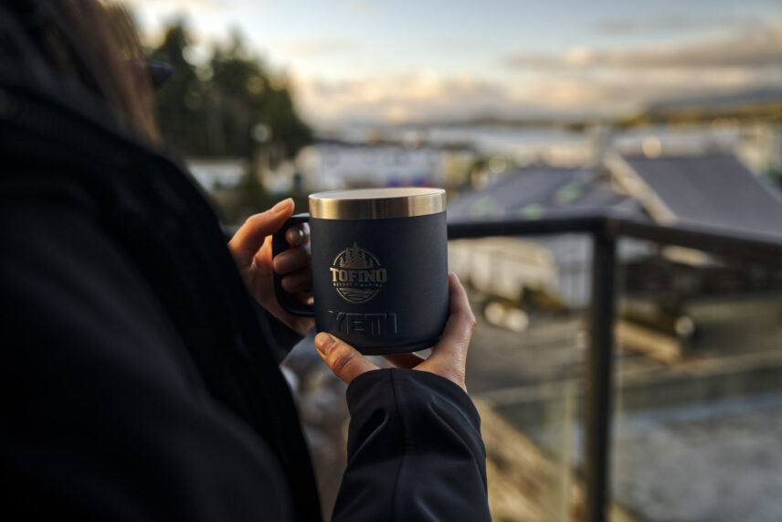 tofino resort + marina branded coffee yeti mug with a view