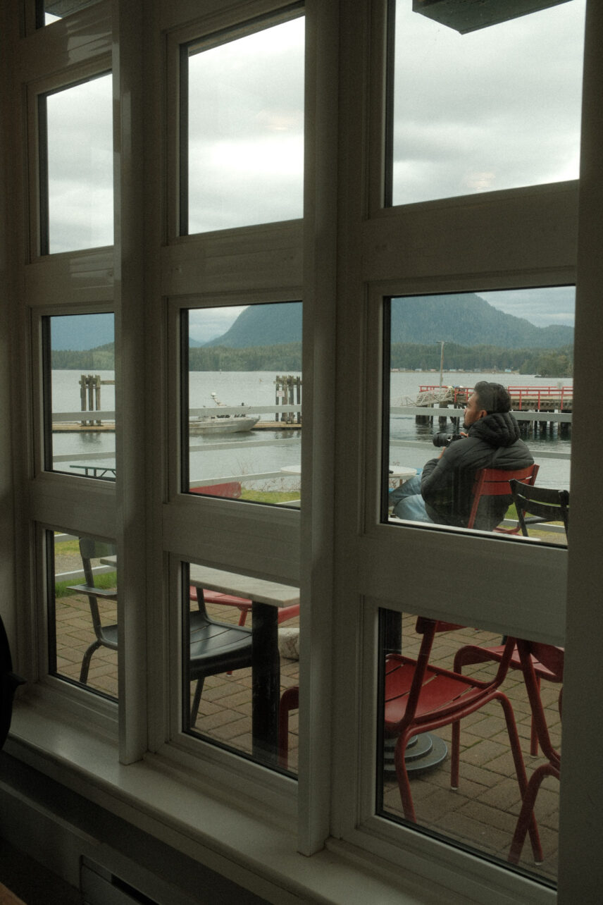 cafe window in tofino that looks out onto the inlet
